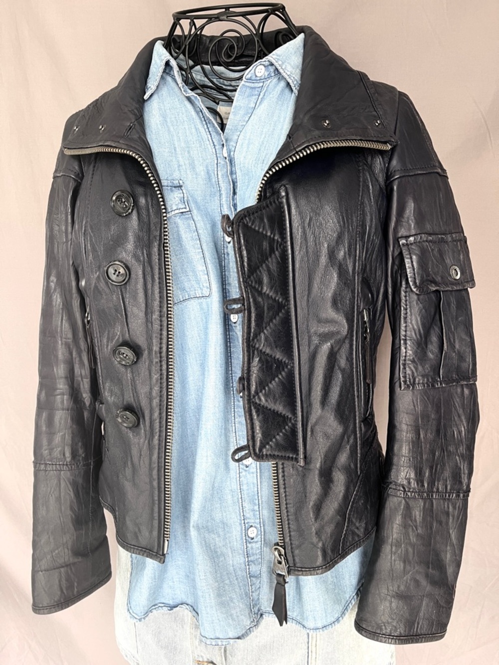 Black Leather Moto Jacket Utility Biker Style • Women’s Small